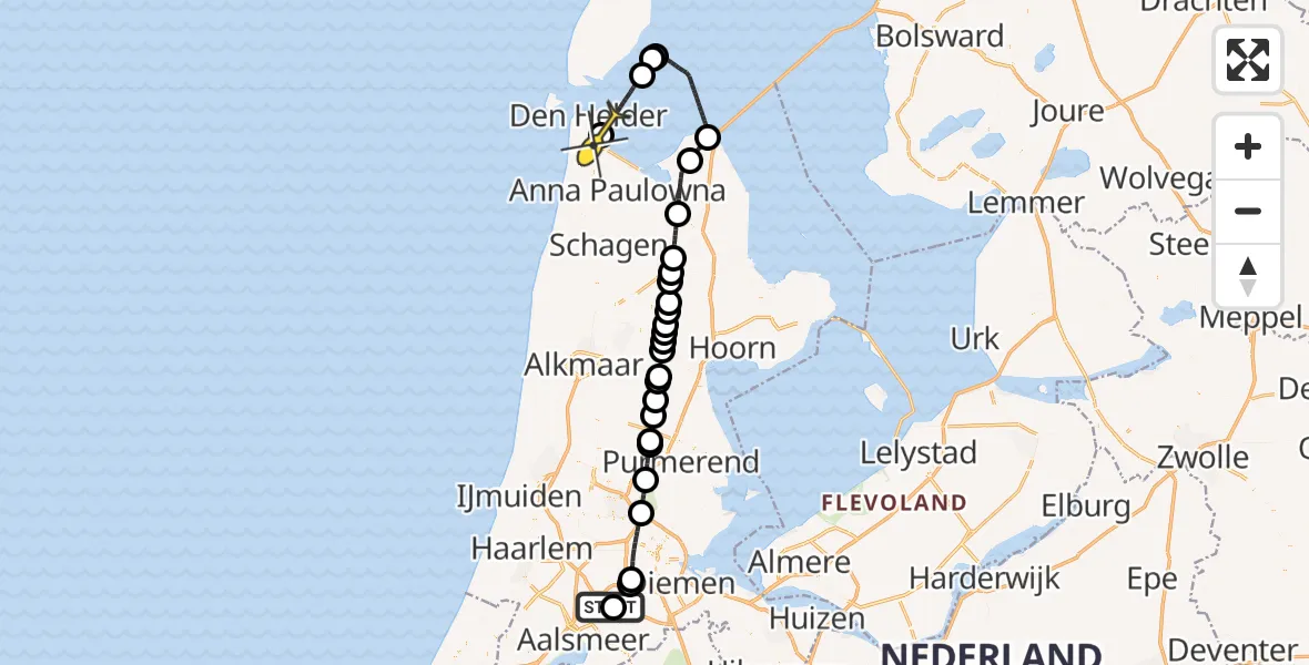 Routekaart van de vlucht: Politieheli naar Vliegveld De Kooy, Piet Guilonardweg