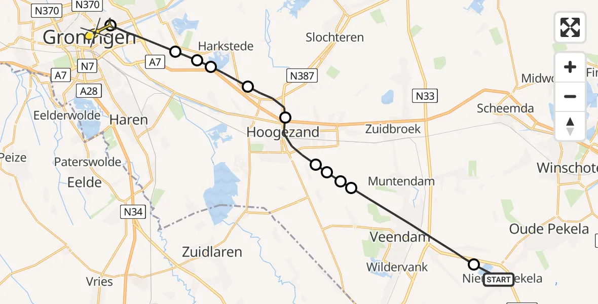 Routekaart van de vlucht: Lifeliner 4 naar Universitair Medisch Centrum Groningen, Aardgasbuffer Zuidwending