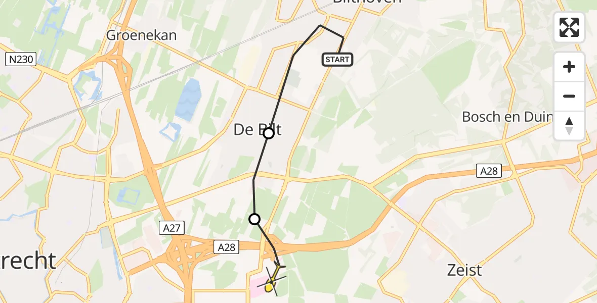 Routekaart van de vlucht: Lifeliner 1 naar Universitair Medisch Centrum Utrecht, 1e Brandenburgerweg