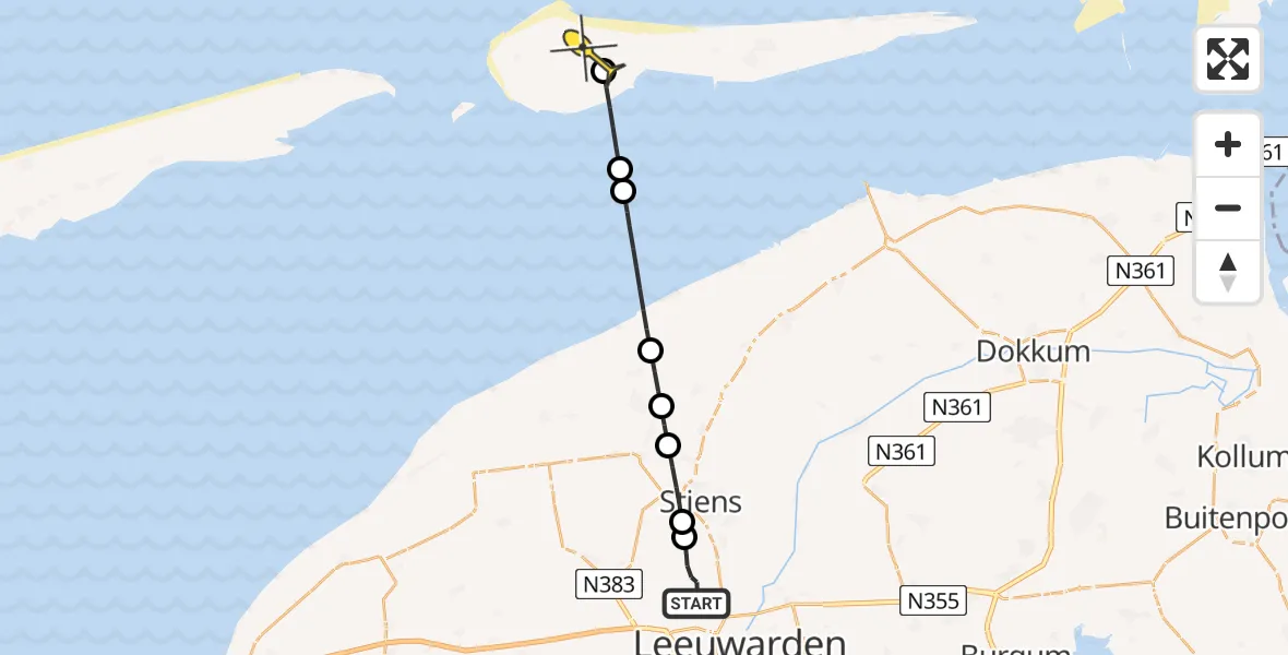 Routekaart van de vlucht: Ambulancehelikopter naar Ameland Airport Ballum, Keegsdijkje