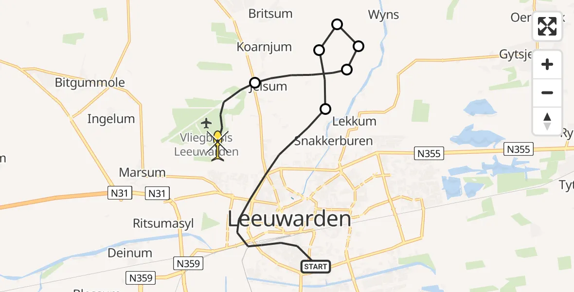 Routekaart van de vlucht: Ambulancehelikopter naar Vliegbasis Leeuwarden, Eekhoffstraat