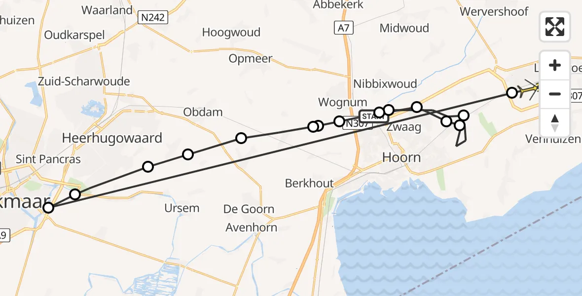 Routekaart van de vlucht: Politiehelikopter naar Hoogkarspel, Paaldijk