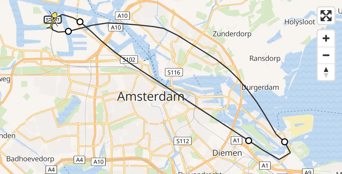 Routekaart van de vlucht: Lifeliner 1 naar Amsterdam Heliport, Westhavenweg