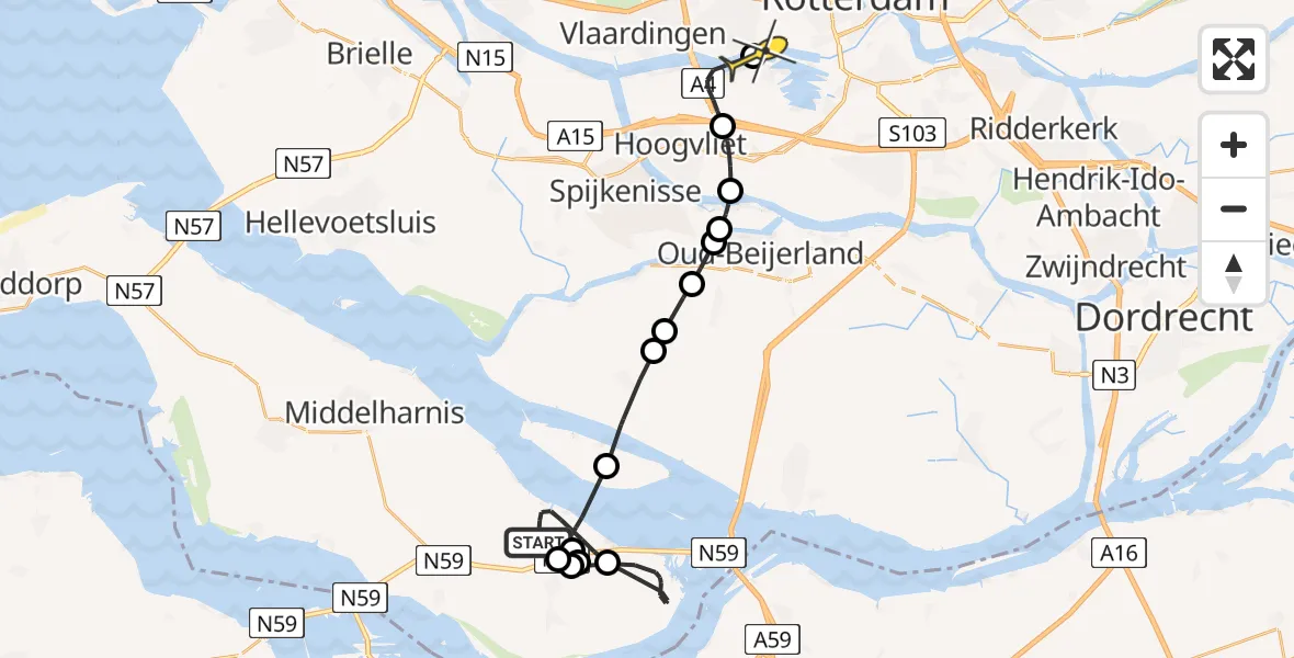 Routekaart van de vlucht: Politieheli naar Schiedam, Molendijk