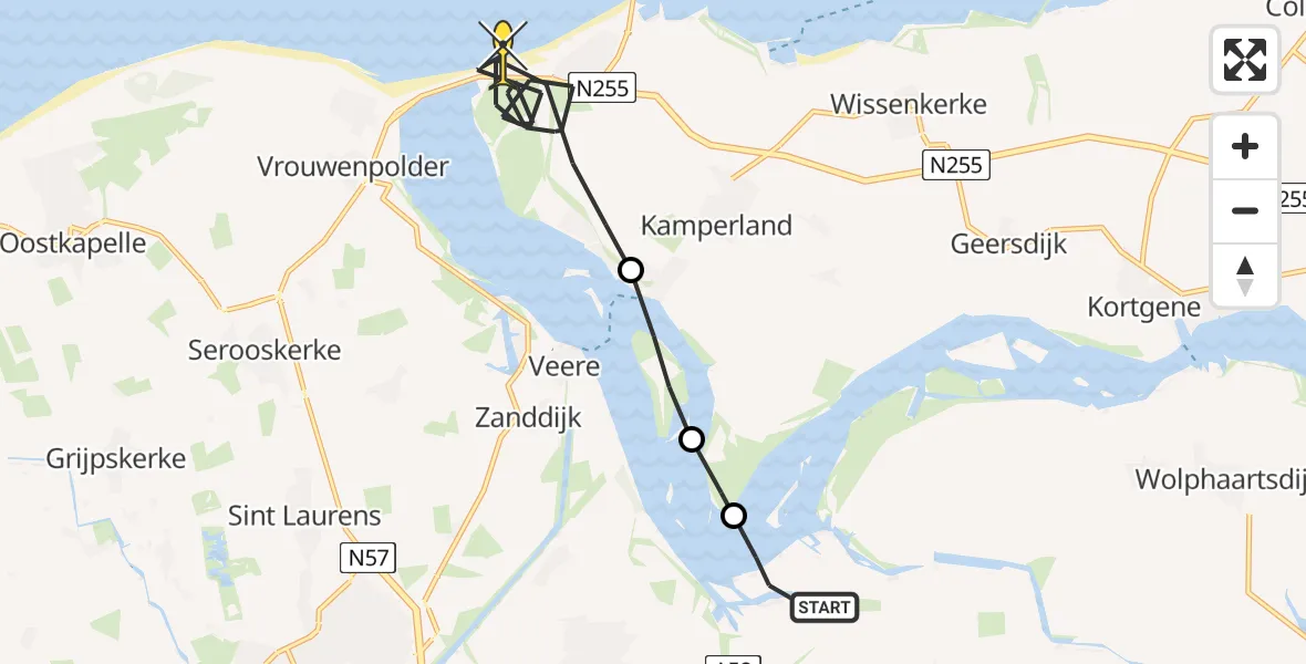 Routekaart van de vlucht: Kustwachthelikopter naar Kamperland, Oranjeplaatweg