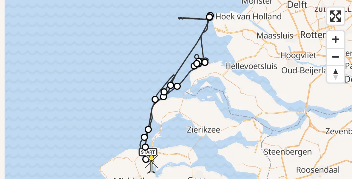 Routekaart van de vlucht: Kustwachthelikopter naar Veere, Oost-westweg
