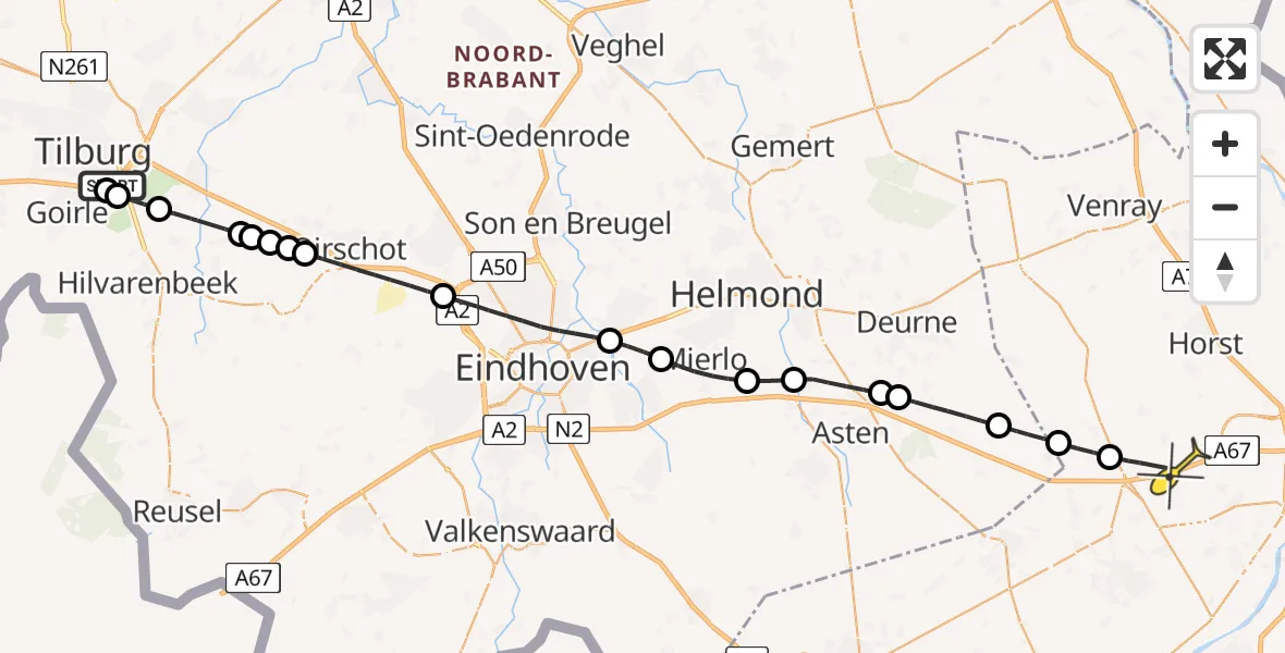 Routekaart van de vlucht: Lifeliner 3 naar Maasbree, Tilburgseweg