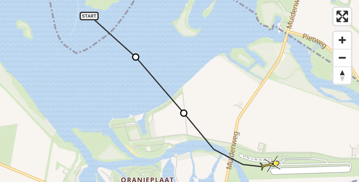 Routekaart van de vlucht: Kustwachthelikopter naar Vliegveld Midden-Zeeland, Calandweg