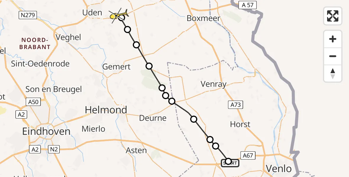 Routekaart van de vlucht: Lifeliner 3 naar Vliegbasis Volkel, kattenstaartse Beek