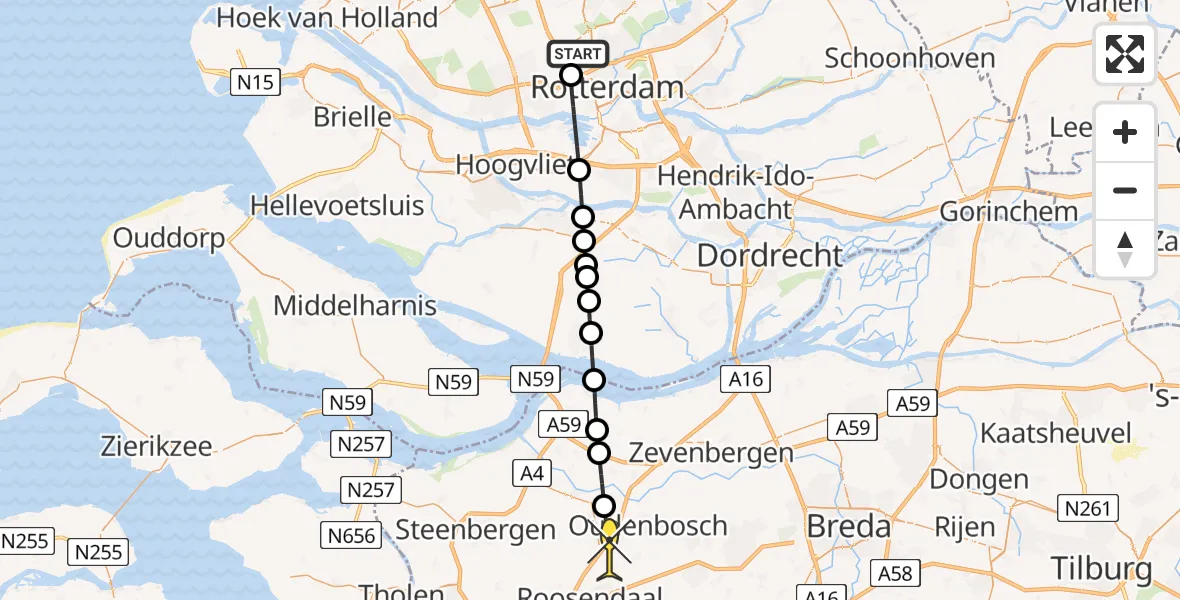 Routekaart van de vlucht: Lifeliner 2 naar Oud Gastel, Landzichtstraat