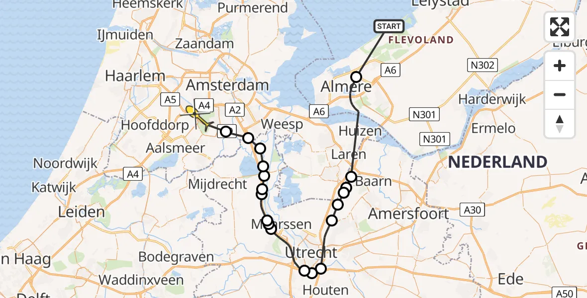 Routekaart van de vlucht: Politieheli naar Badhoevedorp, Humphrey Bogartstraat