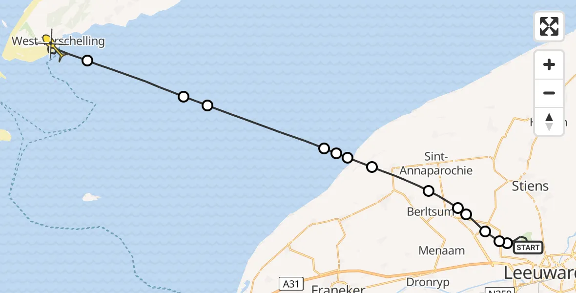 Routekaart van de vlucht: Ambulanceheli naar West-Terschelling, Keegsdijkje