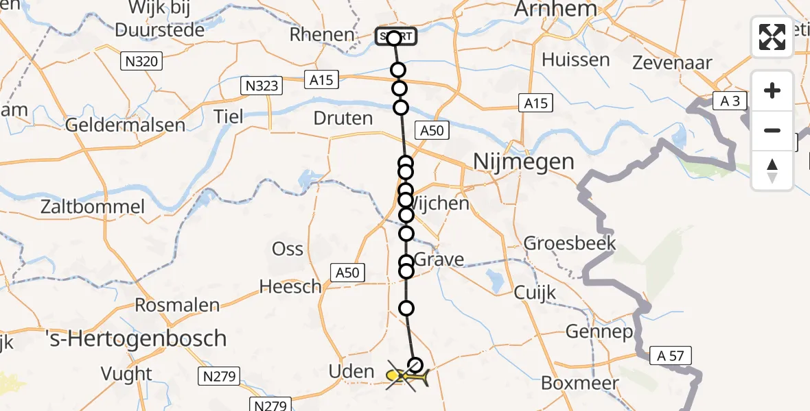 Routekaart van de vlucht: Lifeliner 3 naar Vliegbasis Volkel, Randwijkse Rijndijk