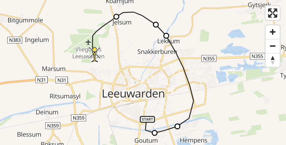 Routekaart van de vlucht: Ambulanceheli naar Vliegbasis Leeuwarden, It Blauwe Slot