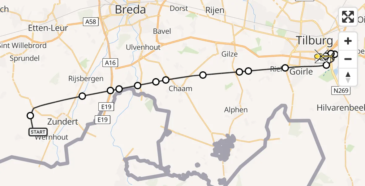 Routekaart van de vlucht: Lifeliner 2 naar Tilburg, Hulsdonkstraat