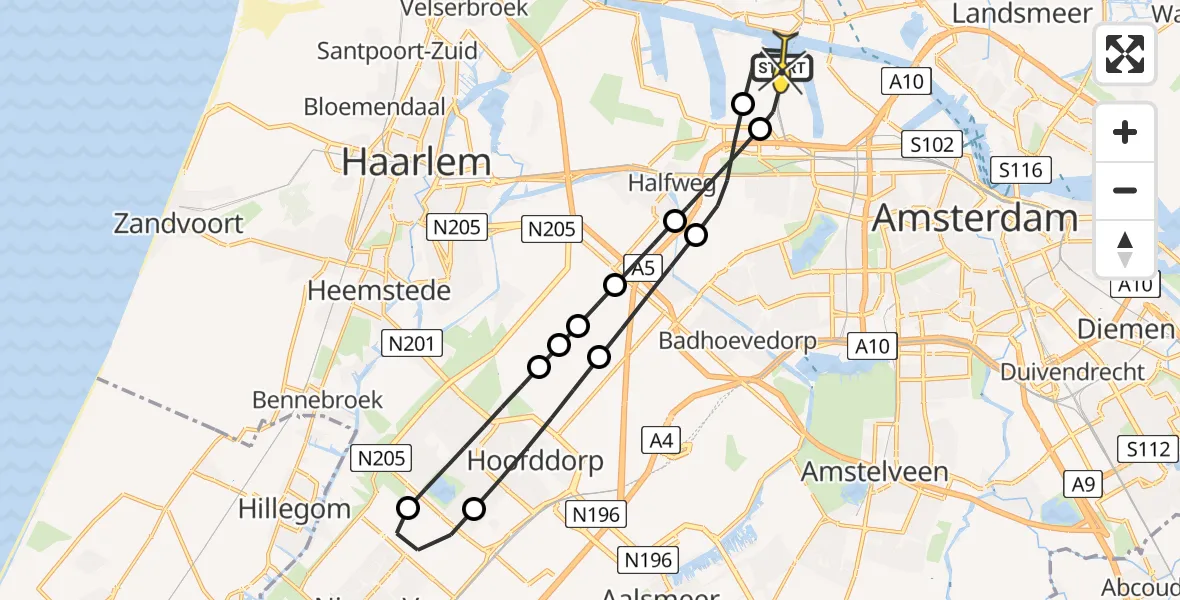 Routekaart van de vlucht: Lifeliner 1 naar Amsterdam Heliport, Nieuw-Zeelandweg