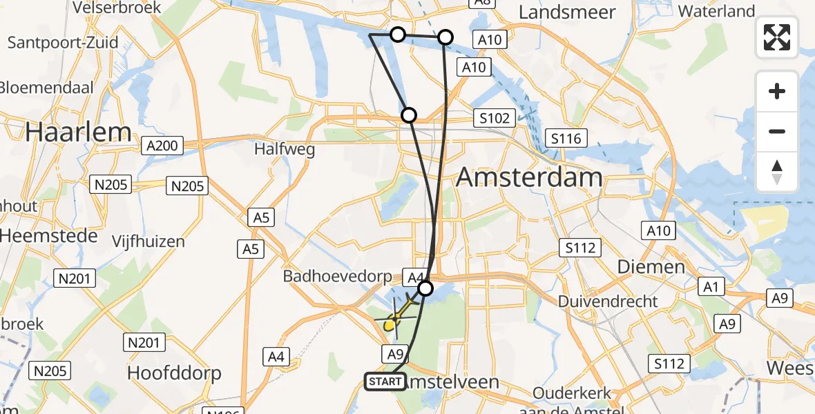 Routekaart van de vlucht: Politieheli naar Amstelveen, Grote Speelweide
