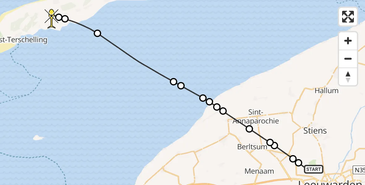 Routekaart van de vlucht: Ambulanceheli naar Midsland, Keegsdijkje