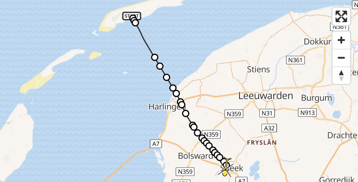 Routekaart van de vlucht: Ambulancehelikopter naar Sneek, Stortumerdijk