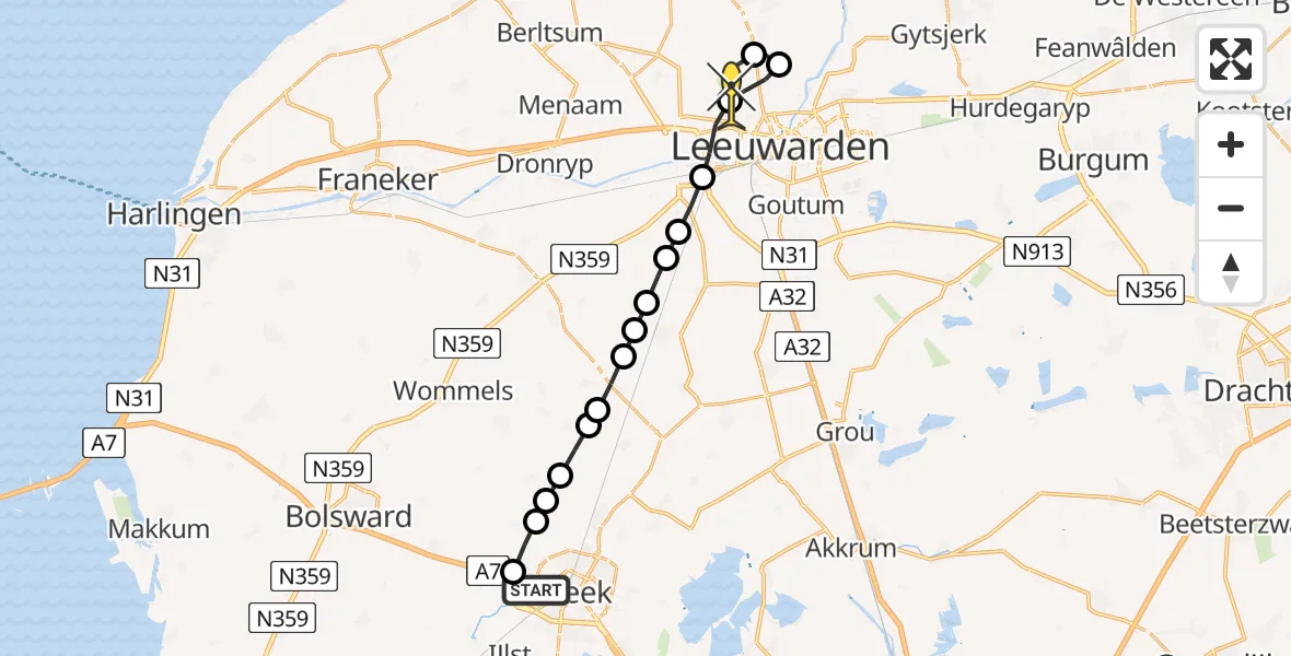Routekaart van de vlucht: Ambulancehelikopter naar Vliegbasis Leeuwarden, Zadelmakersstraat