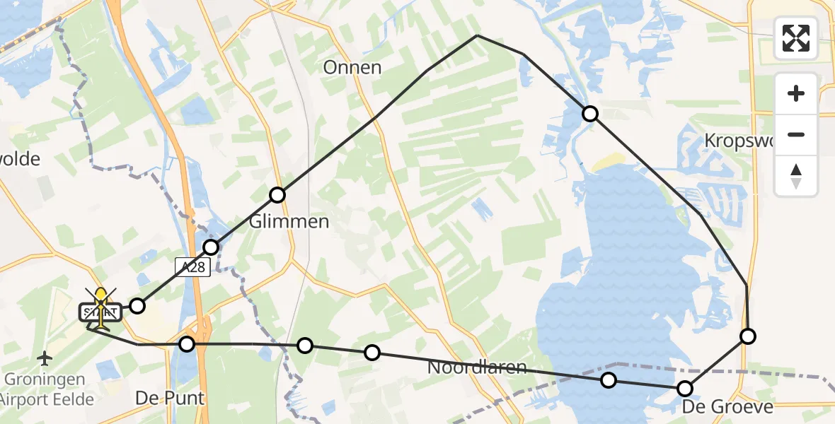 Routekaart van de vlucht: Lifeliner 4 naar Groningen Airport Eelde, Burgemeester J.G. Legroweg