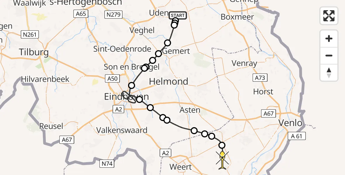 Routekaart van de vlucht: Politieheli naar Heythuysen, Rondweg Volkel