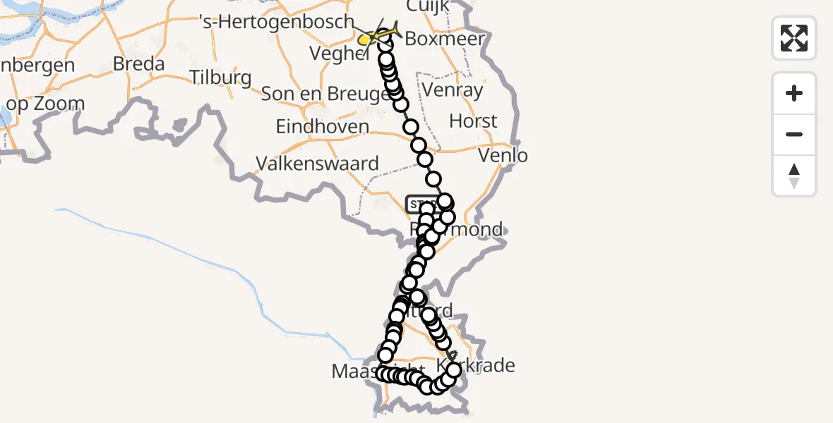 Routekaart van de vlucht: Politieheli naar Vliegbasis Volkel, Schoorstraat