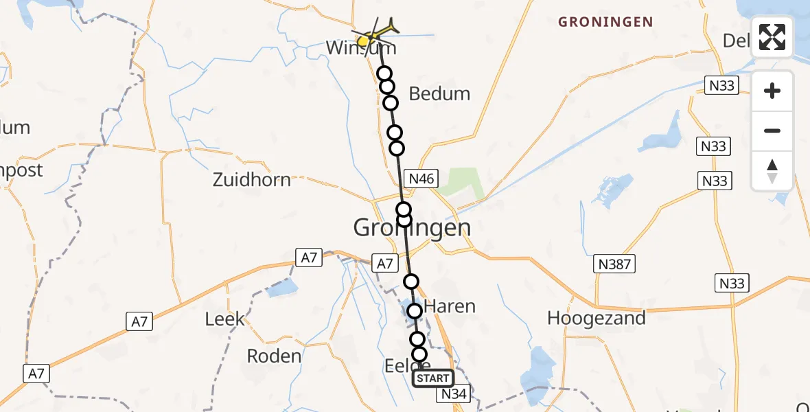 Routekaart van de vlucht: Lifeliner 4 naar Winsum, Esweg