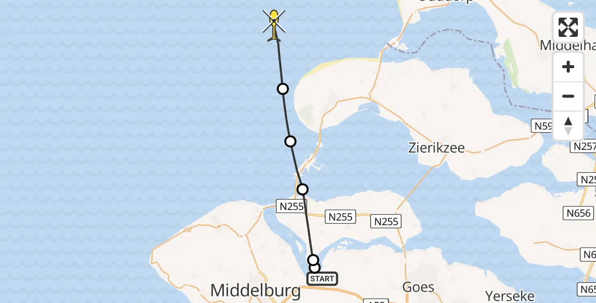 Routekaart van de vlucht: Kustwachthelikopter naar Schenge