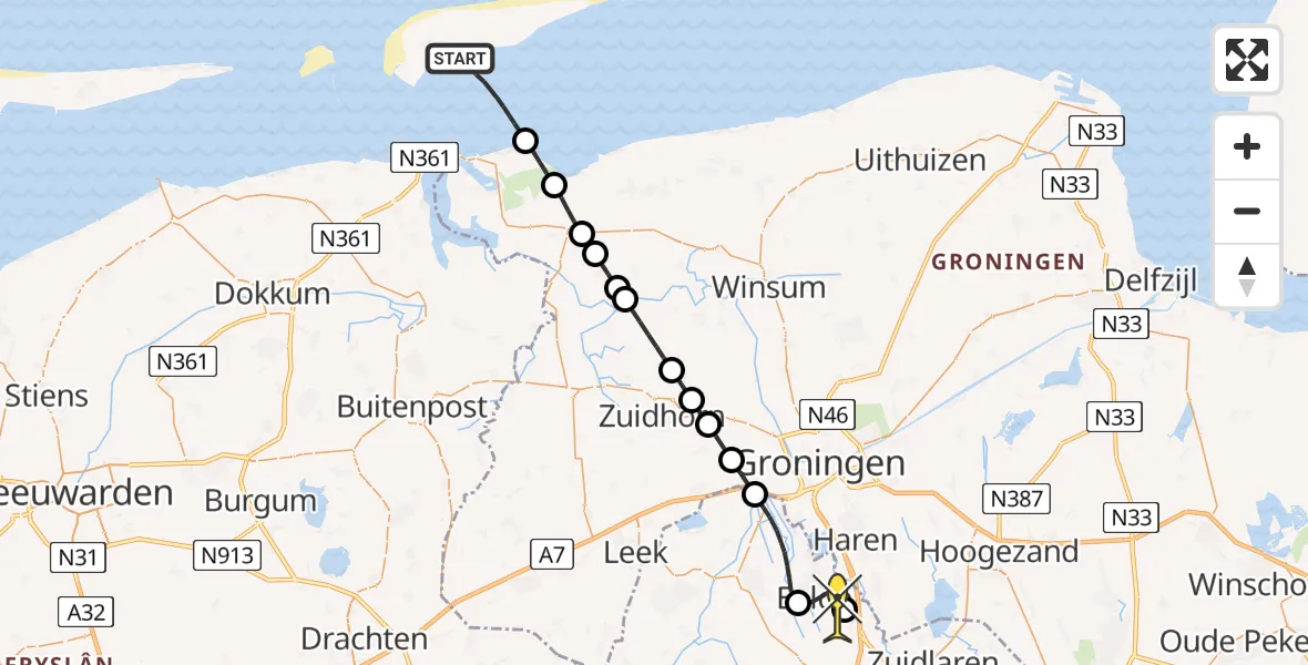 Routekaart van de vlucht: Ambulanceheli naar Groningen Airport Eelde, Machlaan