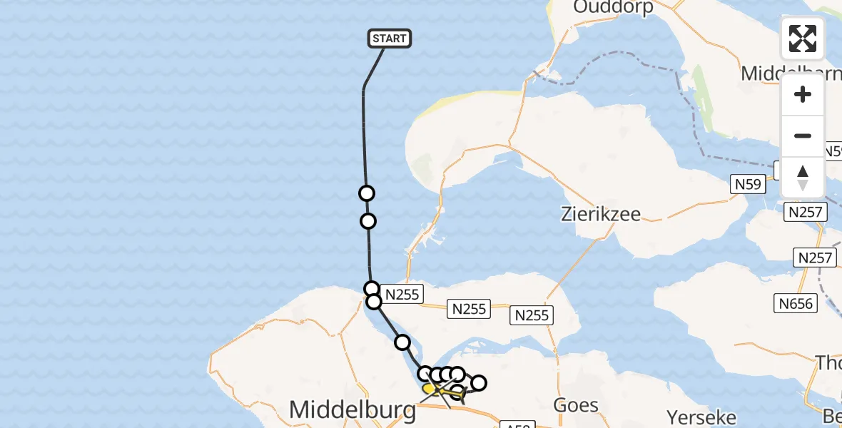 Routekaart van de vlucht: Kustwachthelikopter naar Vliegveld Midden-Zeeland, Calandweg