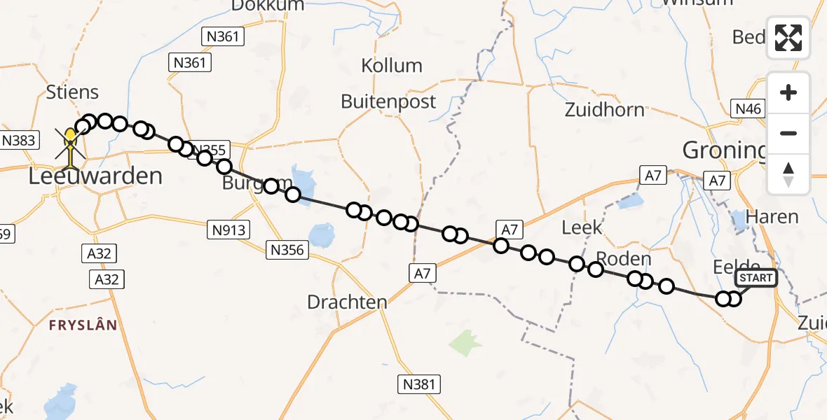 Routekaart van de vlucht: Ambulanceheli naar Vliegbasis Leeuwarden, Moespot