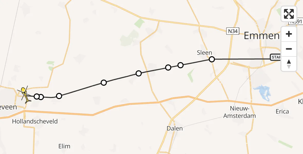 Routekaart van de vlucht: Politieheli naar Vliegveld Hoogeveen, Wolf Esweg