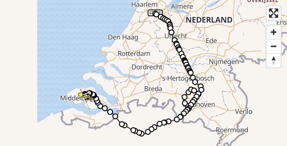 Routekaart van de vlucht: Politieheli naar Vliegveld Midden-Zeeland, Aardolieweg