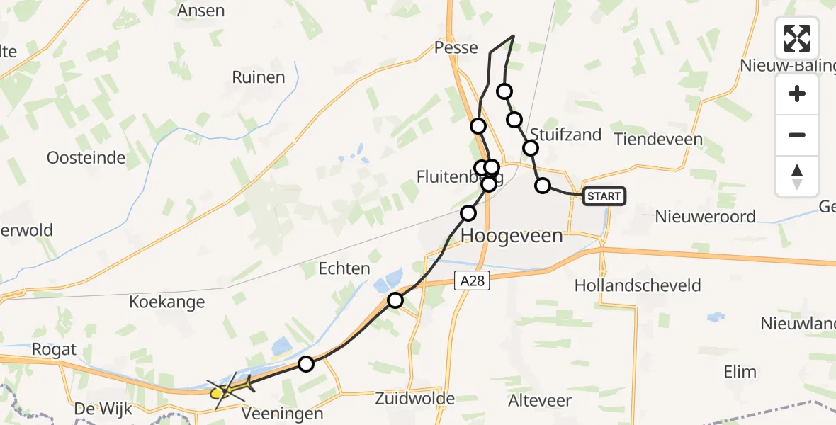 Routekaart van de vlucht: Politiehelikopter naar Veeningen, Marconistraat