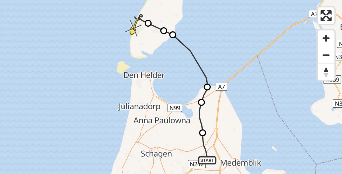 Routekaart van de vlucht: Politieheli naar Den Burg, Alkmaarseweg