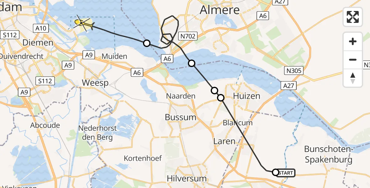 Routekaart van de vlucht: Politiehelikopter naar Amsterdam, Zuid Ervenweg