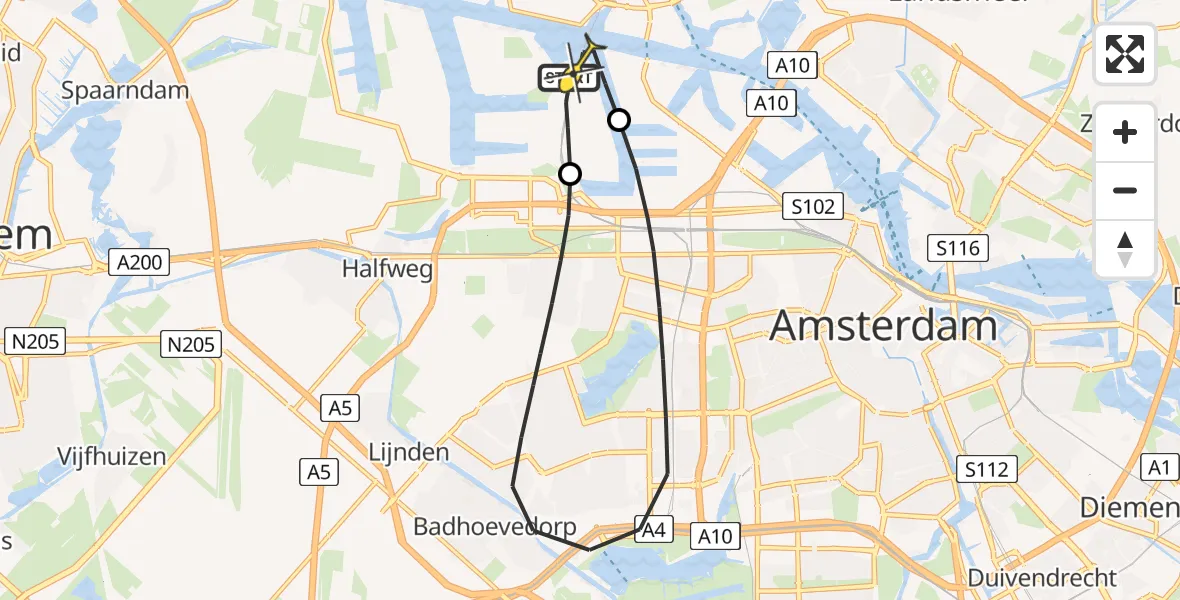Routekaart van de vlucht: Lifeliner 1 naar Amsterdam Heliport, Hornweg