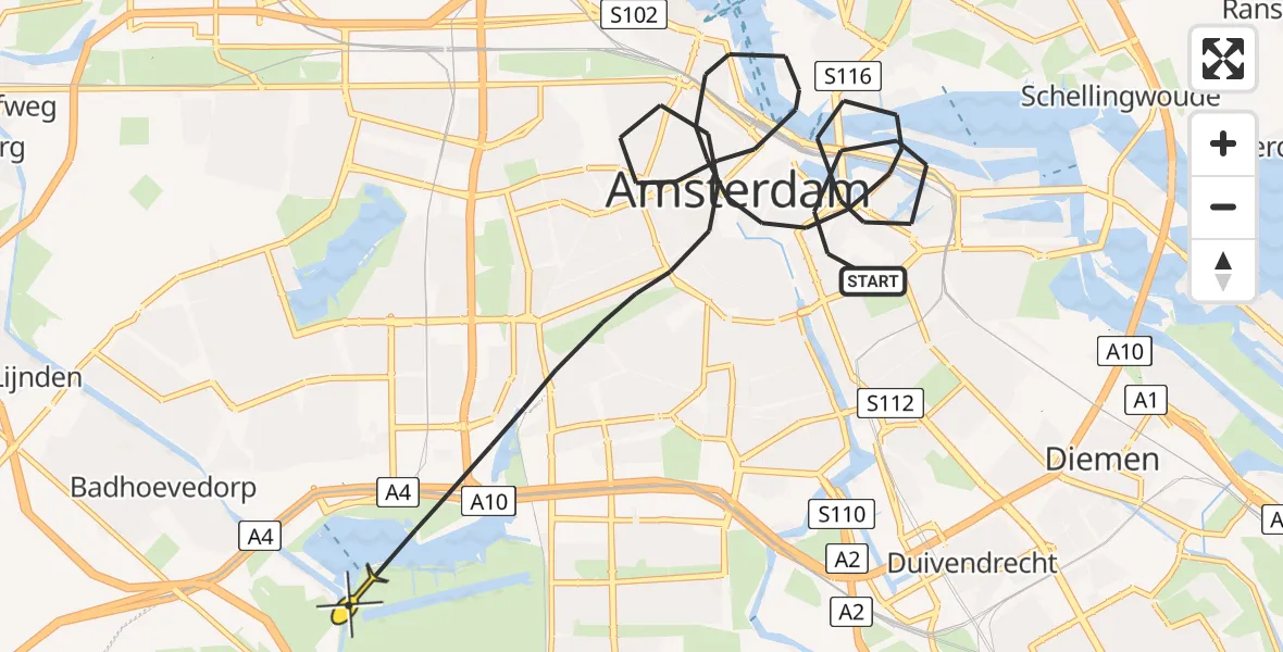Routekaart van de vlucht: Politieheli naar Amsterdam, Valkenburgerstraat