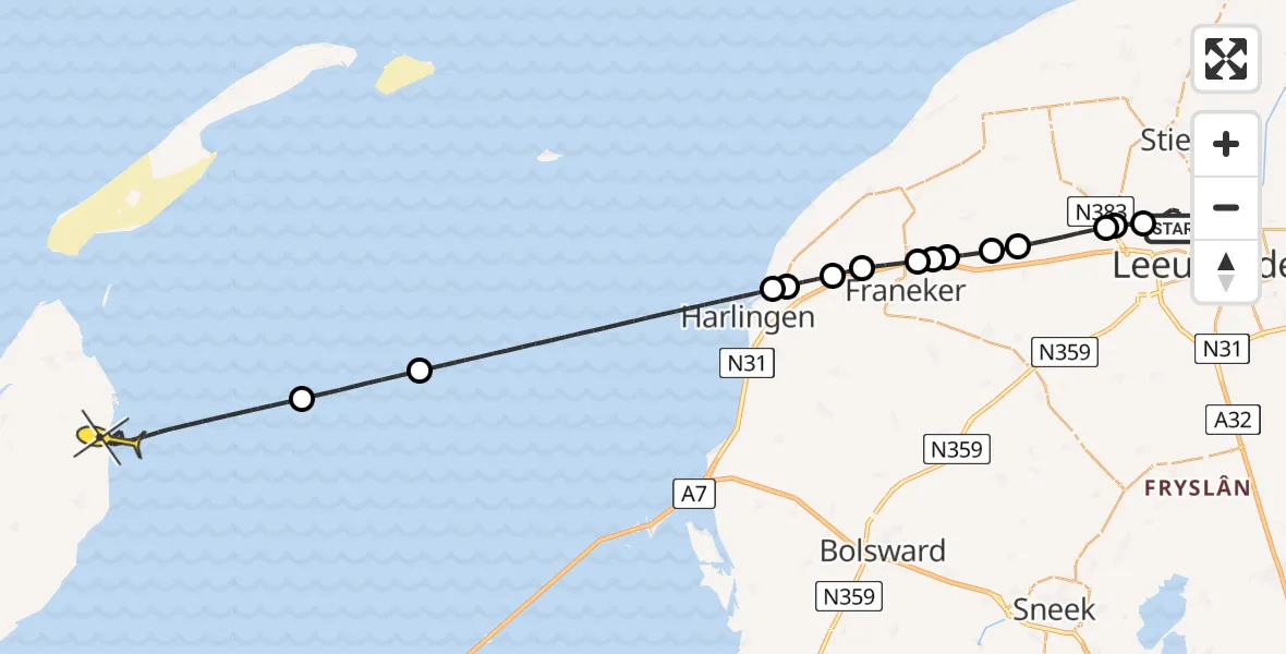 Routekaart van de vlucht: Ambulancehelikopter naar Oosterend, Buitengebied Noordwest
