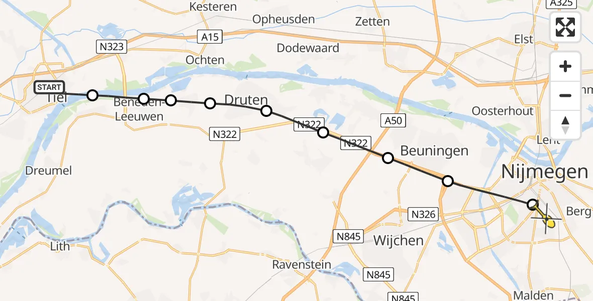 Routekaart van de vlucht: Lifeliner 3 naar Radboud Universitair Medisch Centrum, Echteldsedijk
