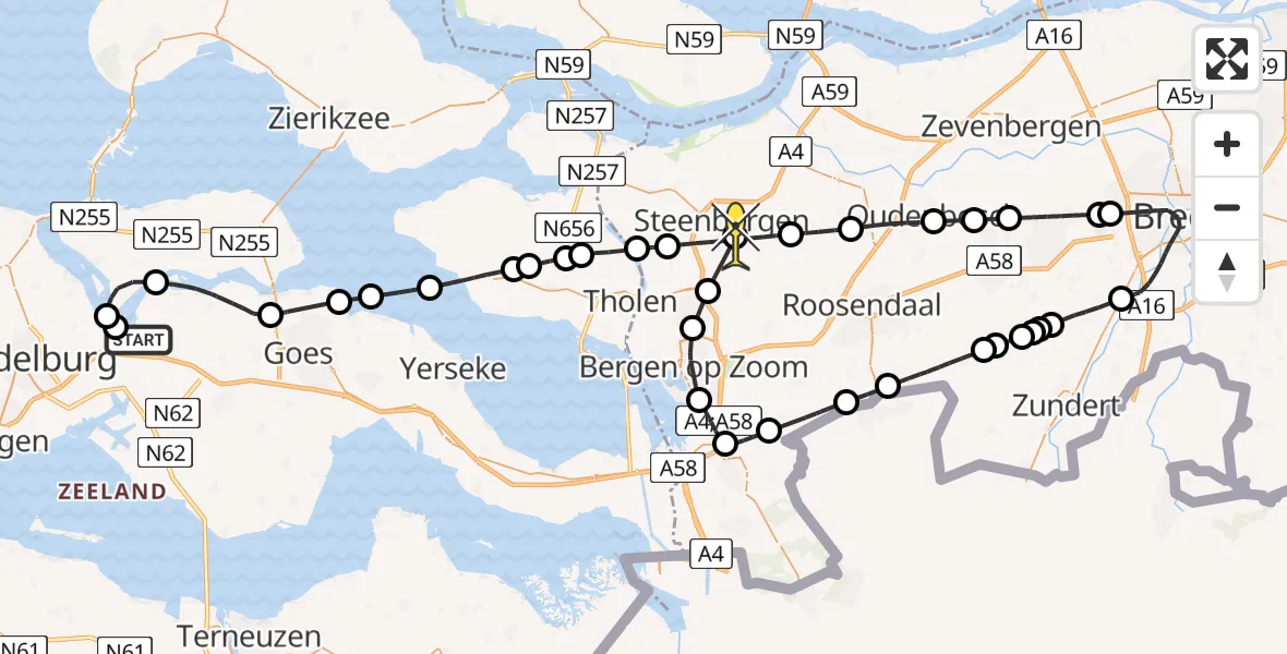 Routekaart van de vlucht: Politiehelikopter naar Steenbergen, Lamsoor