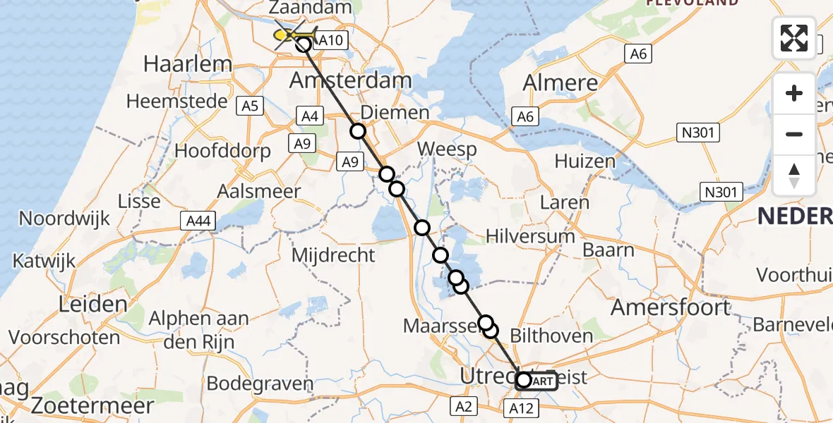Routekaart van de vlucht: Lifeliner 1 naar Amsterdam Heliport, Zandlaan