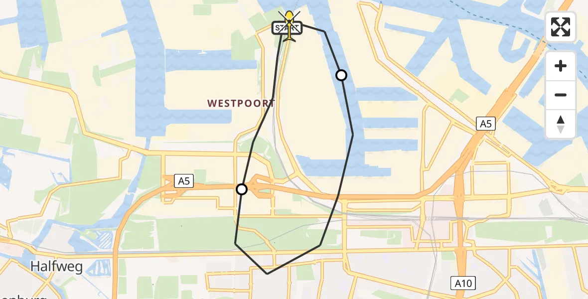 Routekaart van de vlucht: Lifeliner 1 naar Amsterdam Heliport, Nieuw-Zeelandweg