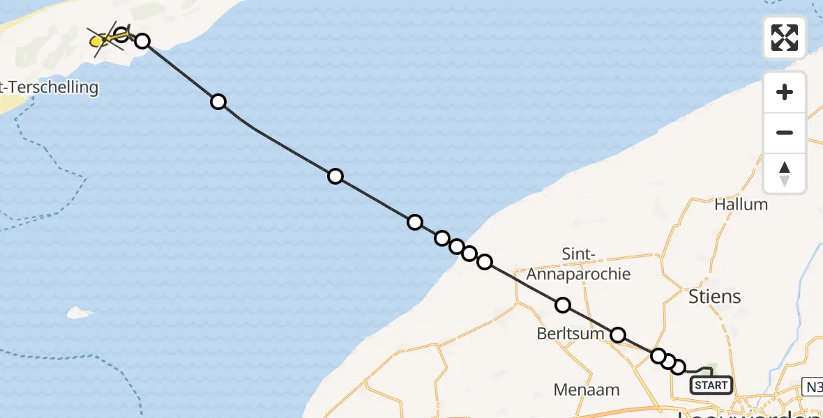 Routekaart van de vlucht: Ambulanceheli naar Midsland, Keegsdijkje