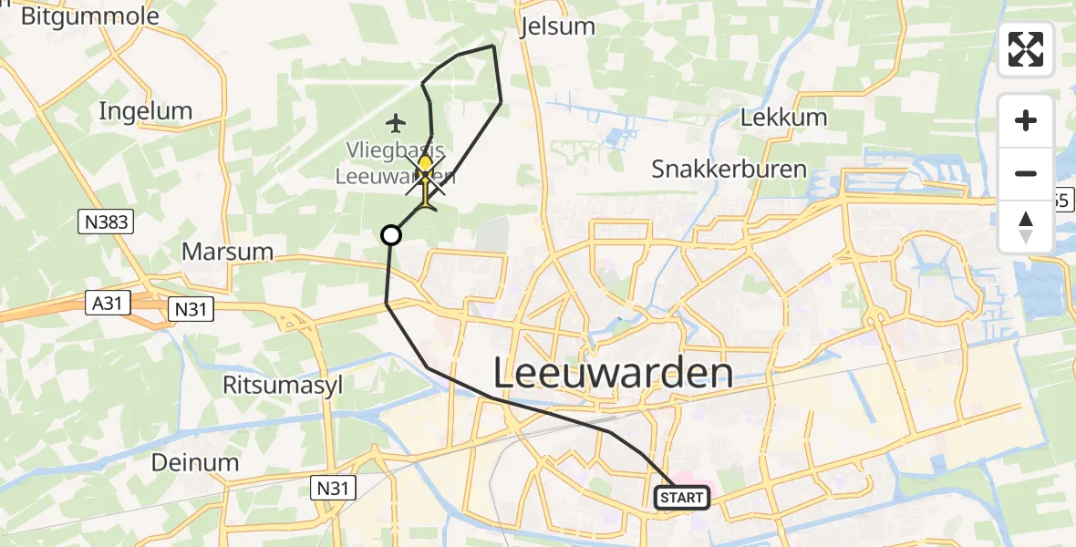 Routekaart van de vlucht: Ambulanceheli naar Vliegbasis Leeuwarden, Waling Dijkstrastraat