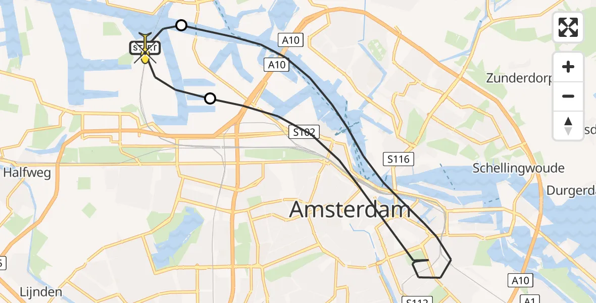 Routekaart van de vlucht: Lifeliner 1 naar Amsterdam Heliport, Westhaven
