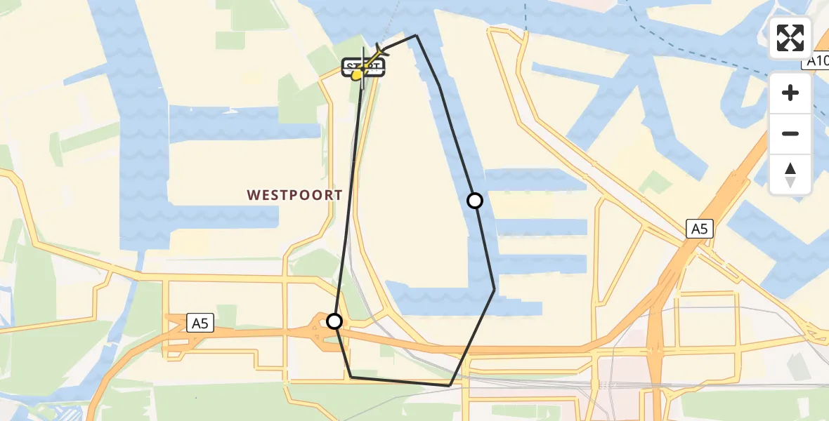 Routekaart van de vlucht: Lifeliner 1 naar Amsterdam Heliport, Nieuw-Zeelandweg