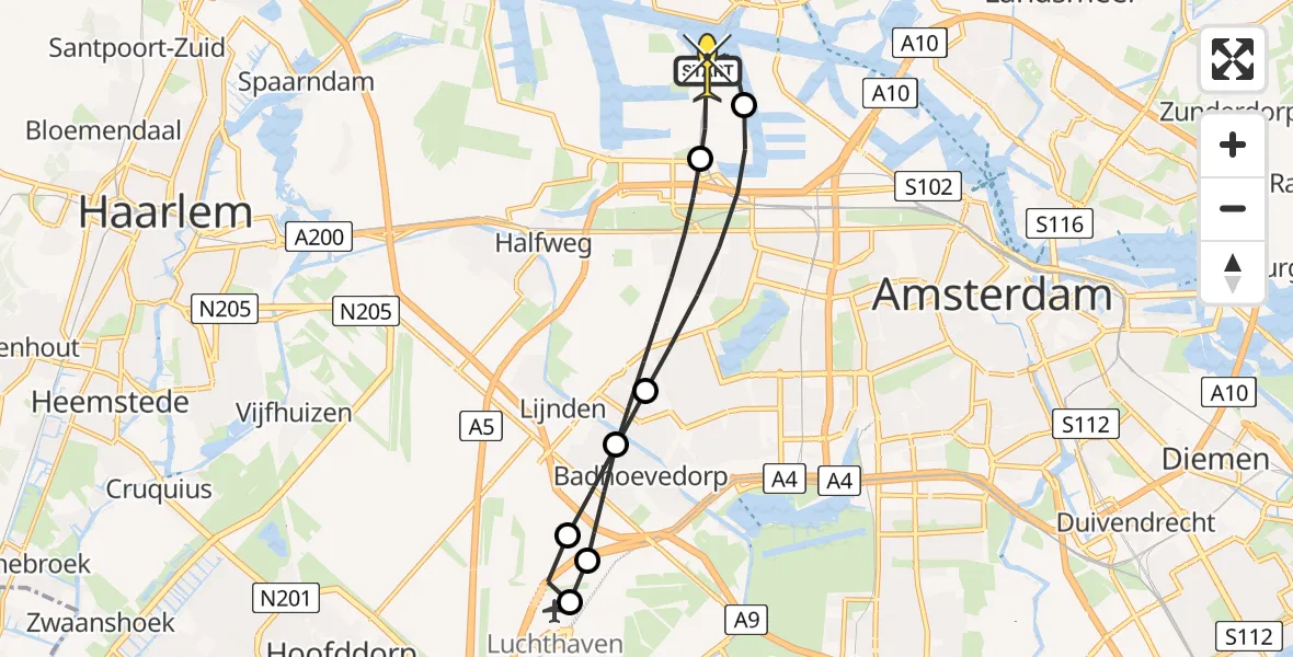 Routekaart van de vlucht: Lifeliner 1 naar Amsterdam Heliport, Maltaweg