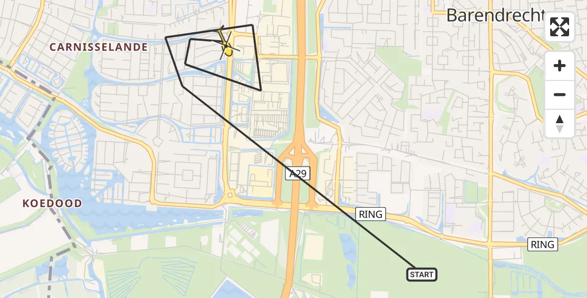 Routekaart van de vlucht: Politiehelikopter naar Barendrecht, Braassemermeer